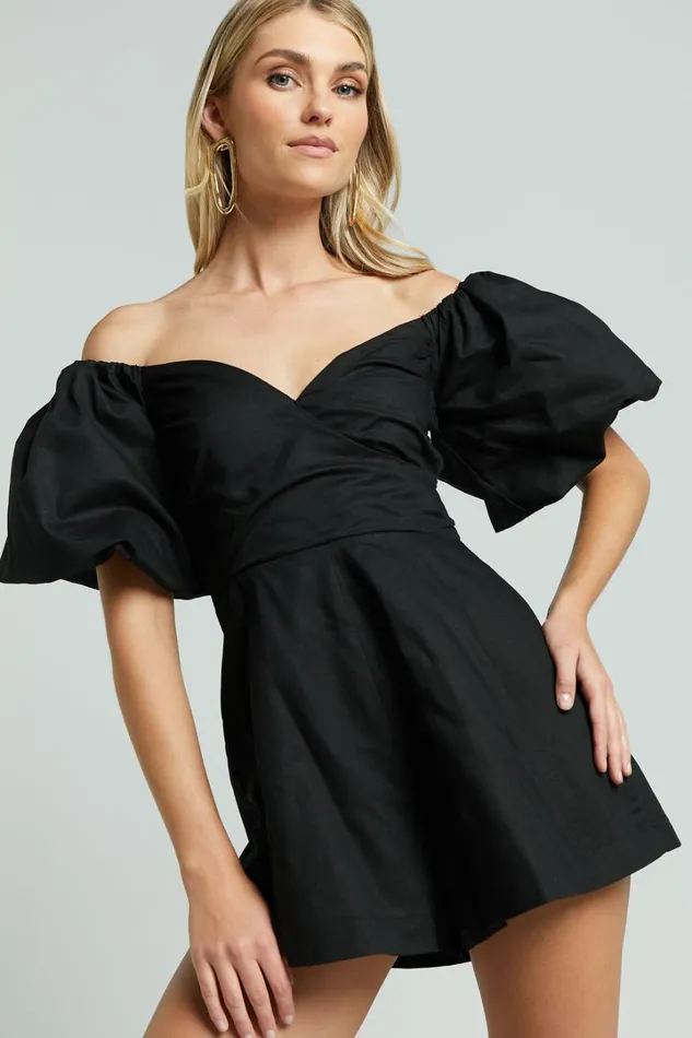 Amalie The Label 8211 Palais Linen Blend Off Shoulder Puff Sleeve Sweetheart Neck Playsuit In Black Women Showpo Rompers
