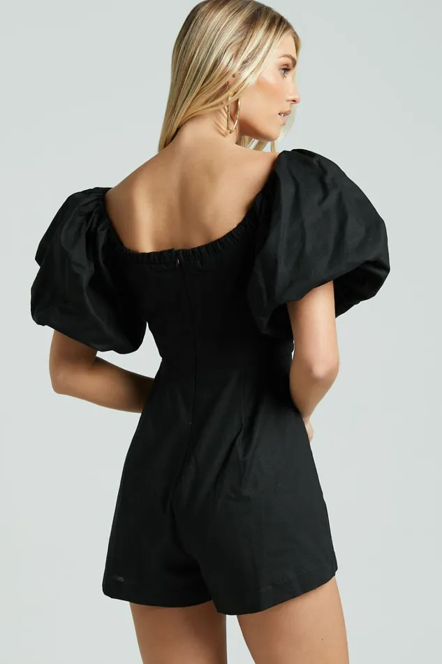Amalie The Label 8211 Palais Linen Blend Off Shoulder Puff Sleeve Sweetheart Neck Playsuit In Black Women Showpo Rompers