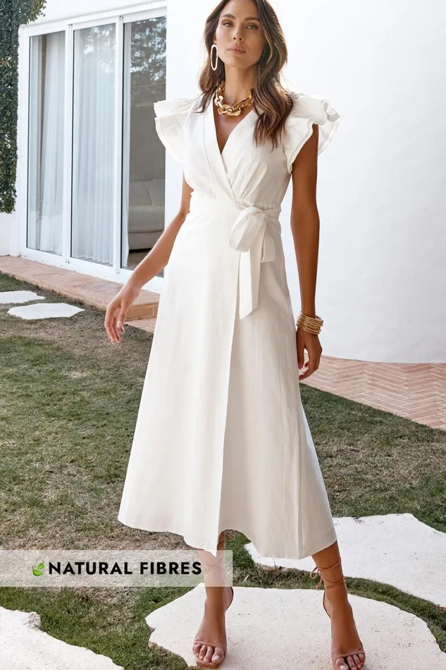 Amalie The Label 8211 Palmer Linen Blend Frill Sleeve Wrap Dress In White Women Showpo Curve Clothes Amalie The Label 8211 Palmer Linen Blend Frill Sleeve Wrap Dress In White Women Showpo Curve Clothes