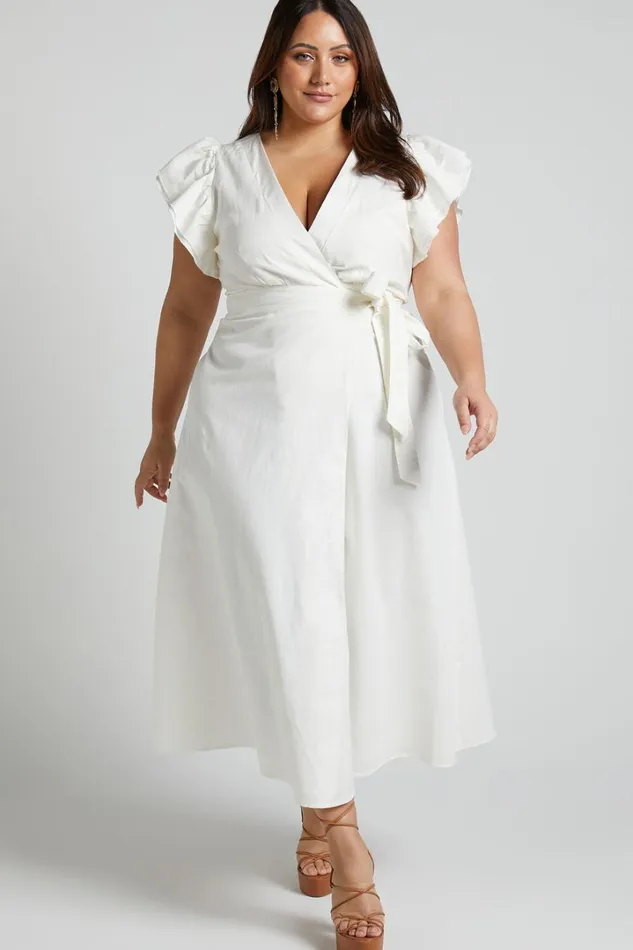 Amalie The Label 8211 Palmer Linen Blend Frill Sleeve Wrap Dress In White Women Showpo Curve Clothes