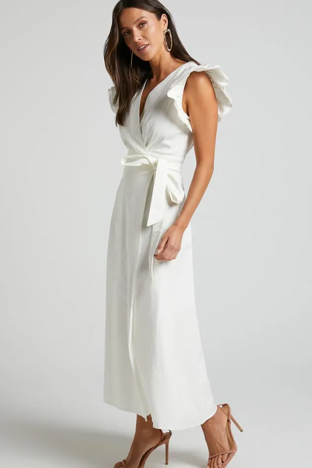 Amalie The Label 8211 Palmer Linen Blend Frill Sleeve Wrap Dress In White Women Showpo Curve Clothes