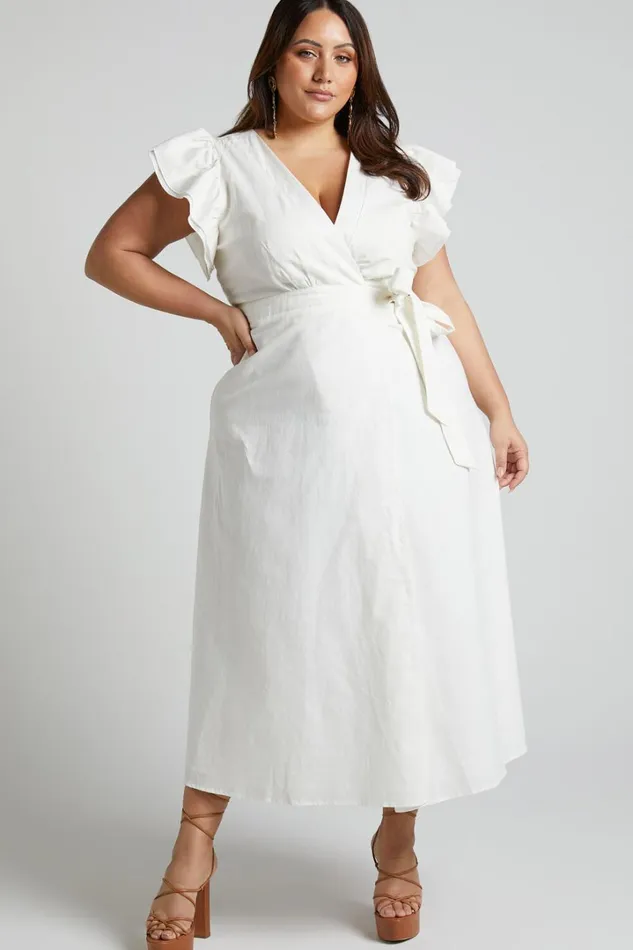 Amalie The Label 8211 Palmer Linen Blend Frill Sleeve Wrap Dress In White Women Showpo Curve Clothes