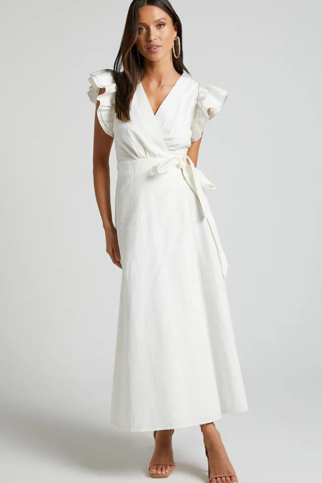 Amalie The Label 8211 Palmer Linen Blend Frill Sleeve Wrap Dress In White Women Showpo Curve Clothes
