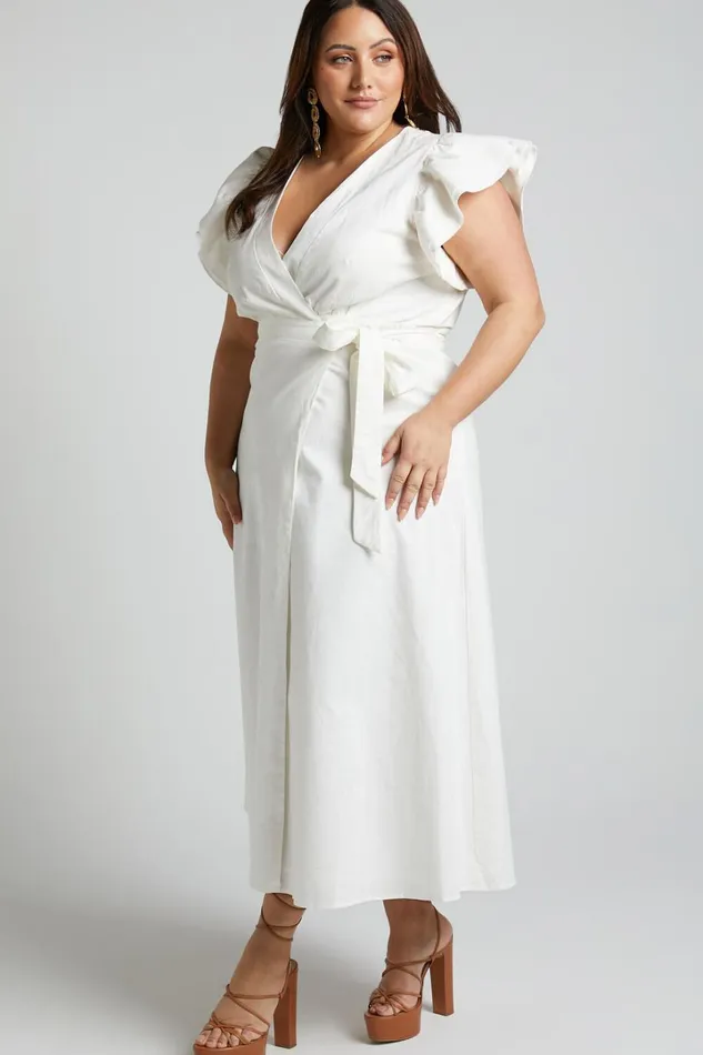 Amalie The Label 8211 Palmer Linen Blend Frill Sleeve Wrap Dress In White Women Showpo Curve Clothes