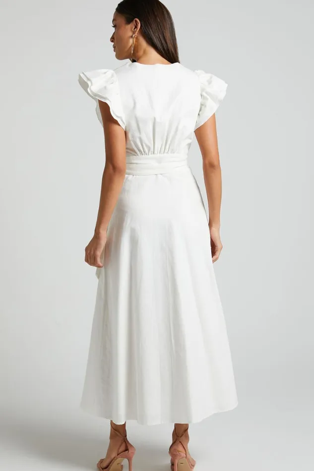 Amalie The Label 8211 Palmer Linen Blend Frill Sleeve Wrap Dress In White Women Showpo Curve Clothes