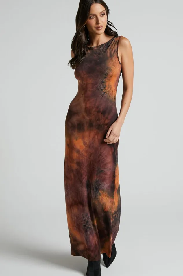 Amayra Midi Dress 8211 High Neck Bodycon Dress In Brown Tie Dye Women Showpo Basics
