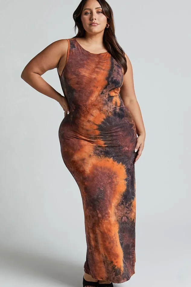 Amayra Midi Dress 8211 High Neck Bodycon Dress In Brown Tie Dye Women Showpo Basics