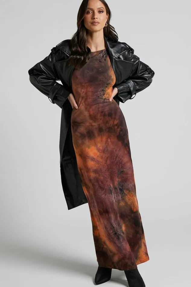 Amayra Midi Dress 8211 High Neck Bodycon Dress In Brown Tie Dye Women Showpo Basics