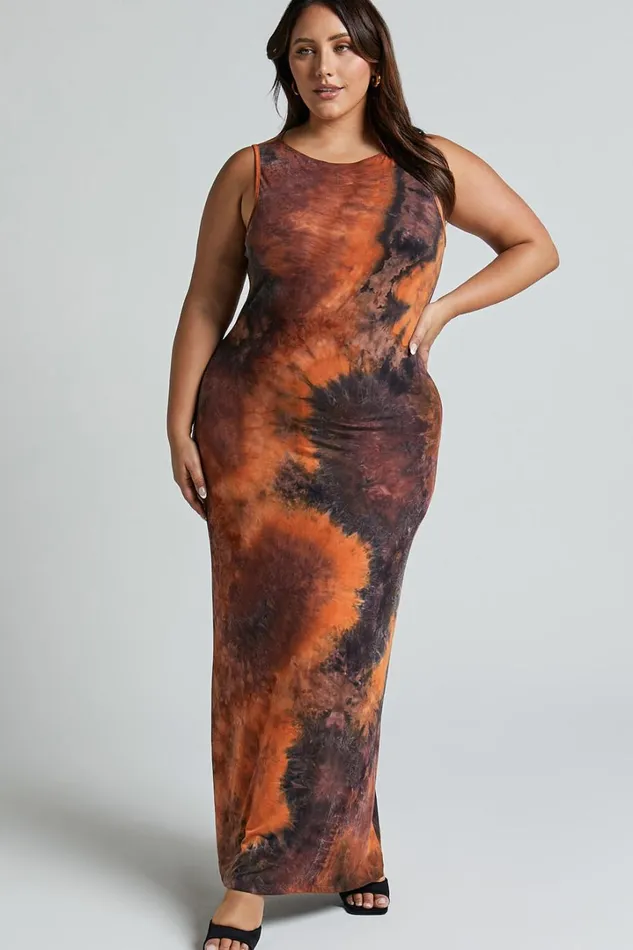 Amayra Midi Dress 8211 High Neck Bodycon Dress In Brown Tie Dye Women Showpo Basics