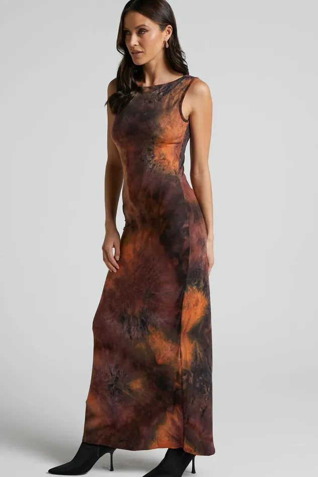Amayra Midi Dress 8211 High Neck Bodycon Dress In Brown Tie Dye Women Showpo Basics