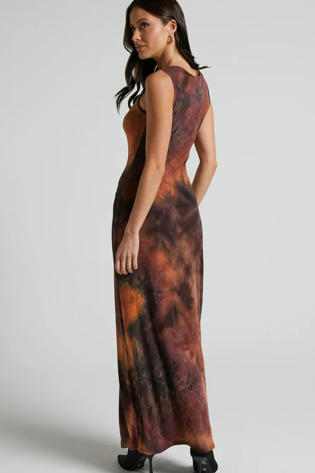 Amayra Midi Dress 8211 High Neck Bodycon Dress In Brown Tie Dye Women Showpo Basics