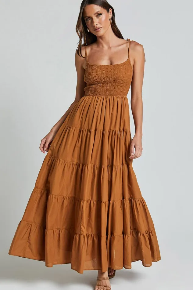 Angie Maxi Dress 8211 Tie Strap Ruched Tiered Dress In Chocolate Women Showpo Dresses