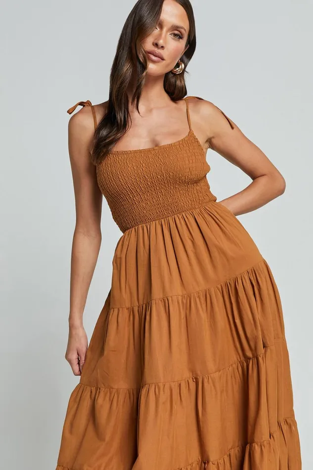 Angie Maxi Dress 8211 Tie Strap Ruched Tiered Dress In Chocolate Women Showpo Dresses