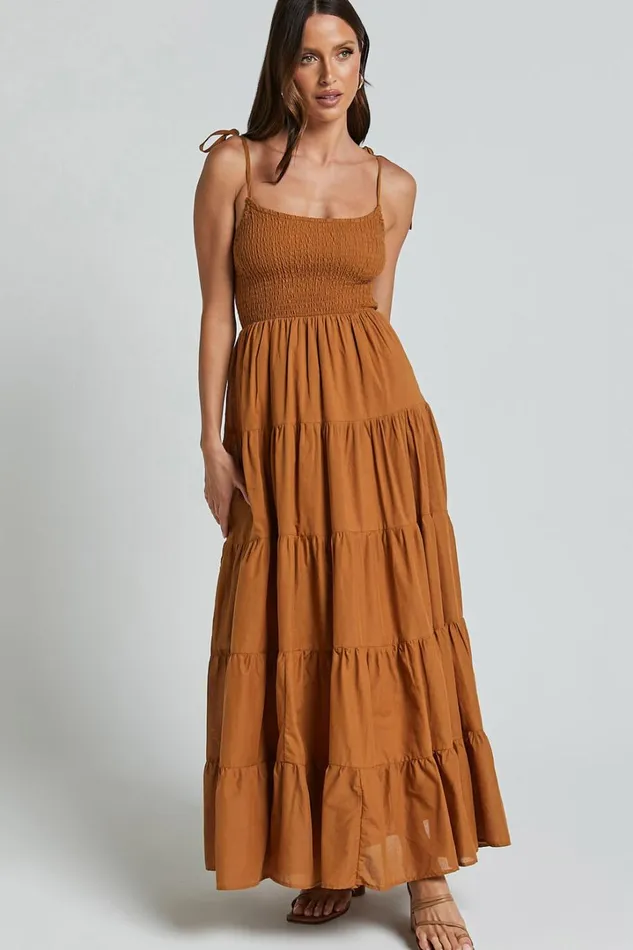 Angie Maxi Dress 8211 Tie Strap Ruched Tiered Dress In Chocolate Women Showpo Dresses
