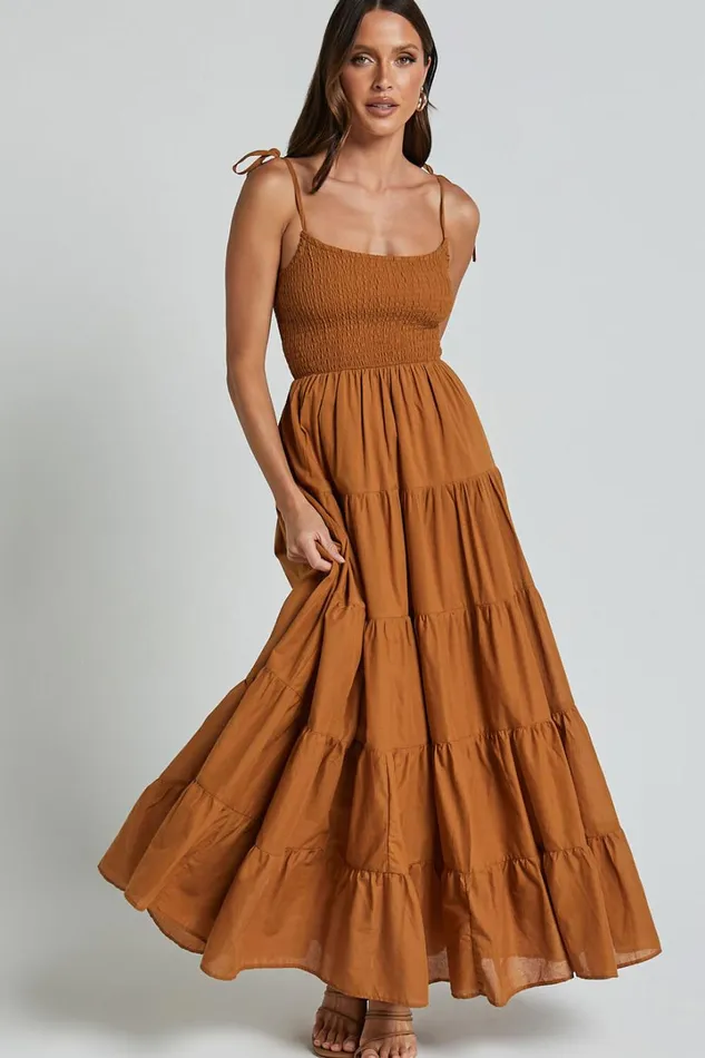 Angie Maxi Dress 8211 Tie Strap Ruched Tiered Dress In Chocolate Women Showpo Dresses