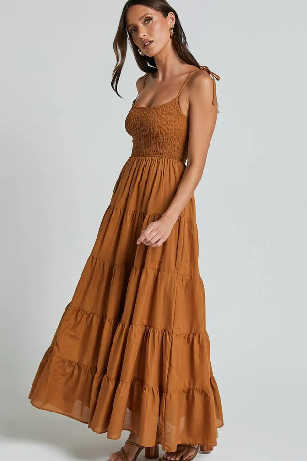 Angie Maxi Dress 8211 Tie Strap Ruched Tiered Dress In Chocolate Women Showpo Dresses