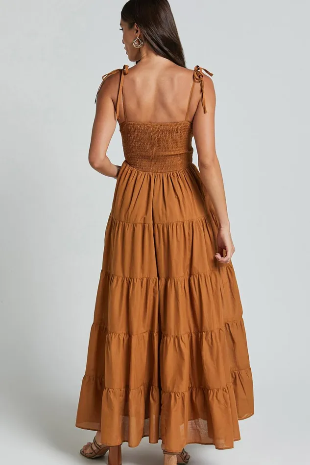 Angie Maxi Dress 8211 Tie Strap Ruched Tiered Dress In Chocolate Women Showpo Dresses