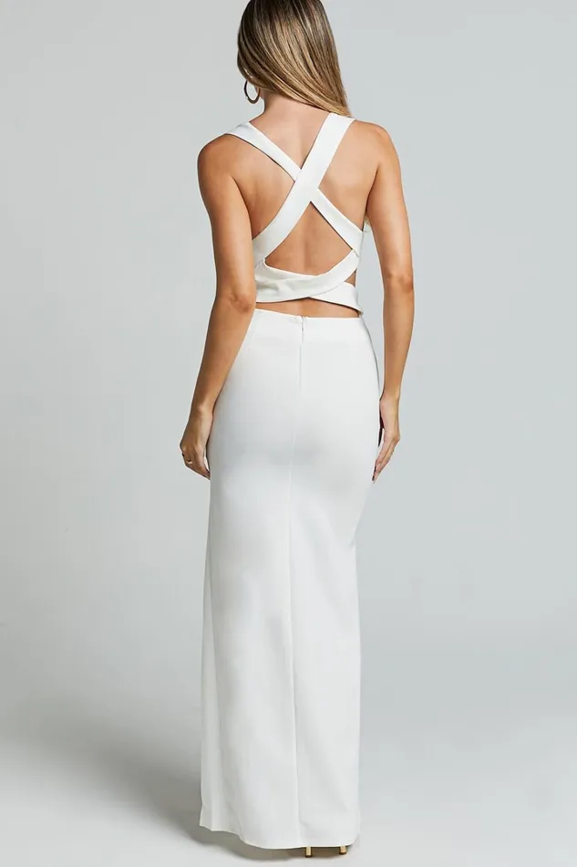 Anjie Midi Dress 8211 Plunge Neck Cross Back Cut Out Dress In White Women Showpo Dresses