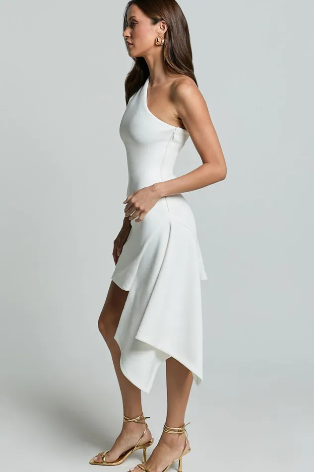 Annalie Mini Dress 8211 One Shoulder Asymmetric Drape Dress In White Women Showpo Dresses