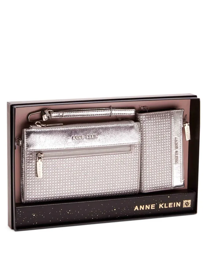 Anne Klein 2 Piece Gift Set With Rhinestone Zip Clutch And Card Case Clear Women Handbags