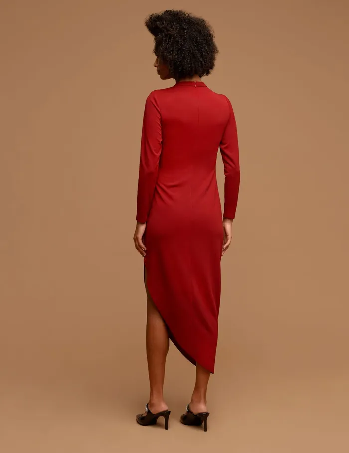 Anne Klein Asymmetrical Hem Ruched Midi Dress Titian Red Women Clothing