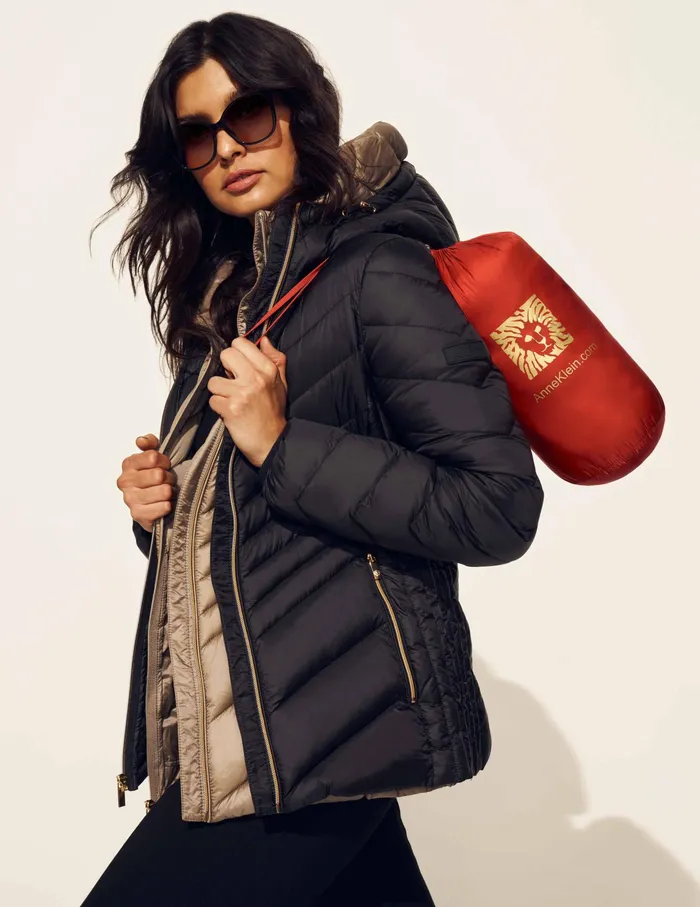 Anne Klein Chevron Packable Puffer Jacket Black Women Clothing