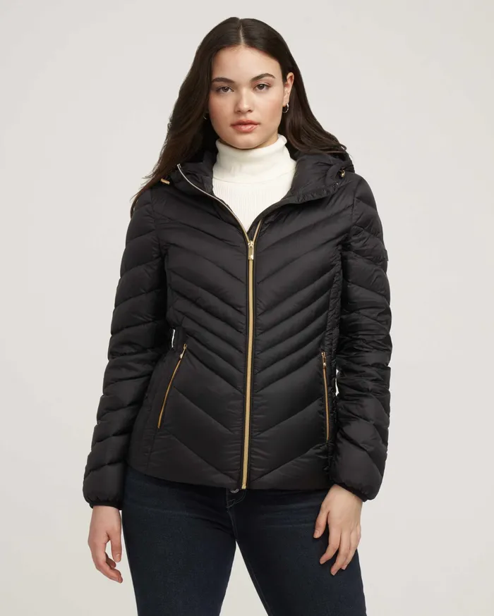 Anne Klein Chevron Packable Puffer Jacket Black Women Clothing