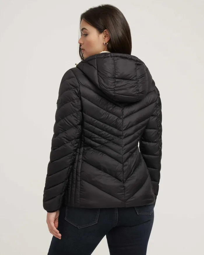 Anne Klein Chevron Packable Puffer Jacket Black Women Clothing