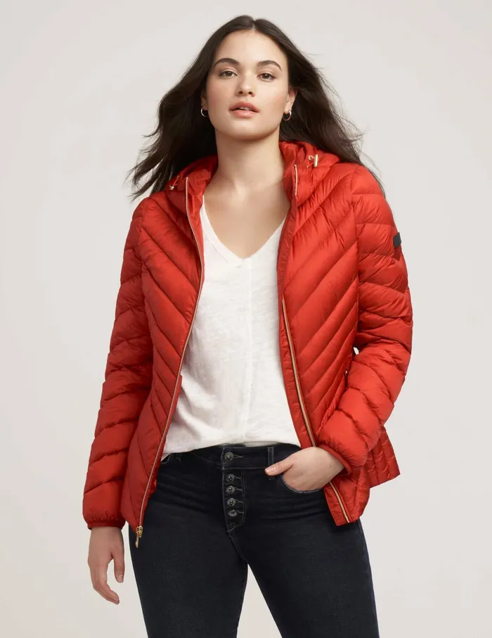 Anne Klein Chevron Packable Puffer Jacket Crimson Women Clothing