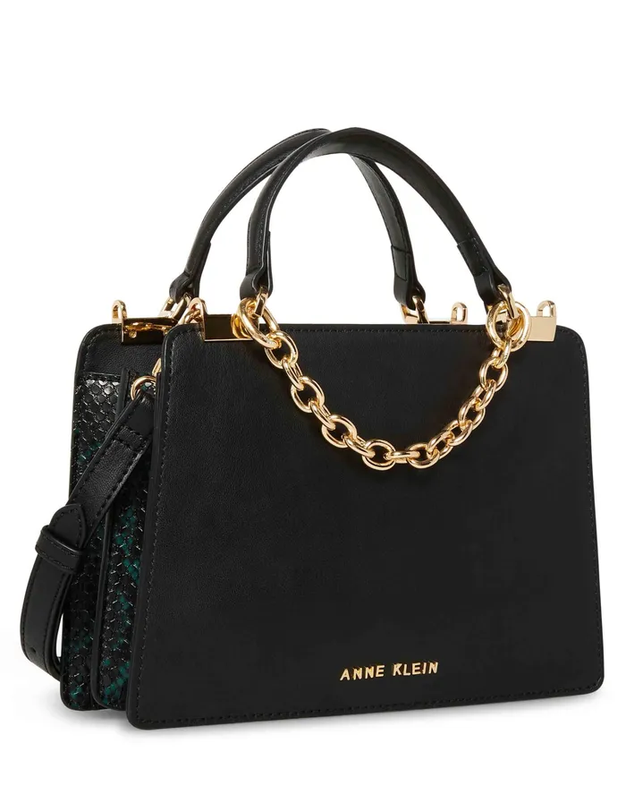 Anne Klein Mini Convertible Snake Trimmed Satchel With Swag Chain Black Women Handbags