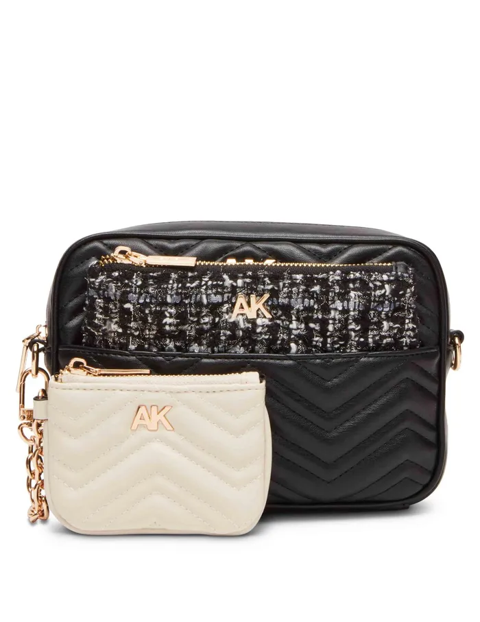 Anne Klein Mixed Media Camera Crossbody With 2 Detachable Pouches Black Women Handbags