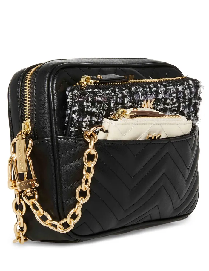 Anne Klein Mixed Media Camera Crossbody With 2 Detachable Pouches Black Women Handbags