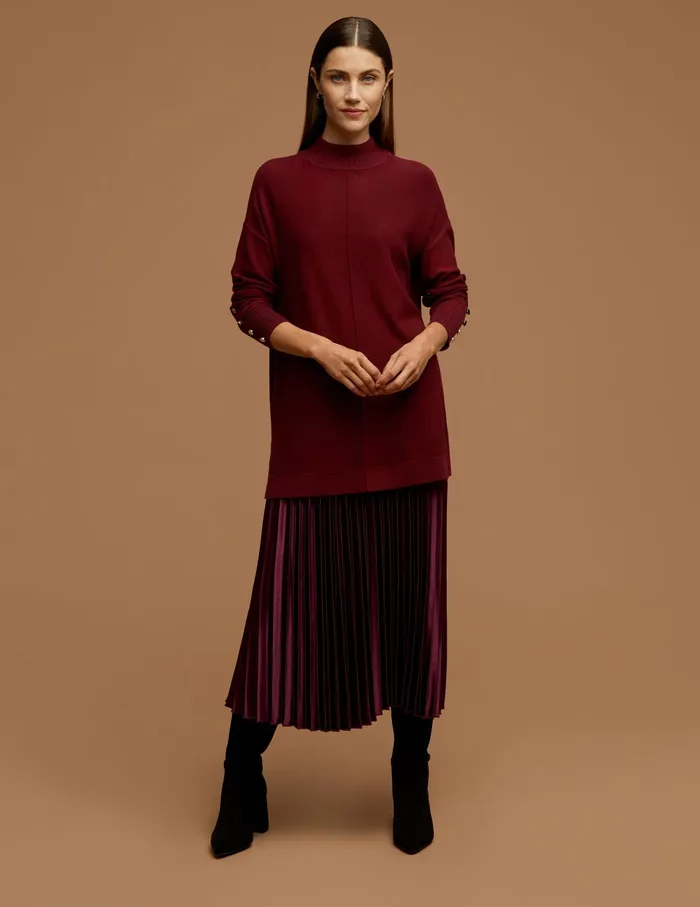 Anne Klein Mock Neck Long Sleeve Sweater With Buttons Chianti Women Clothing