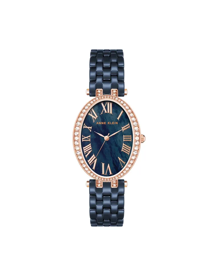 Anne Klein Oval Crystal Accented Ceramic Bracelet Watch Navy Women Watches 038 Jewelry