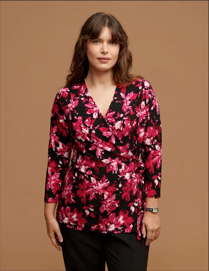 Anne Klein Plus Size Printed Wrap Top Anne Black Women Clothing