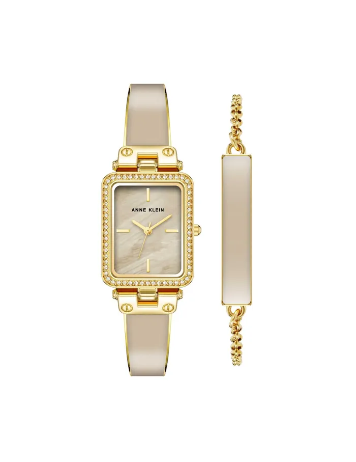 Anne Klein Rectangular Case Watch And Bracelet Set Tan Women Watches 038 Jewelry