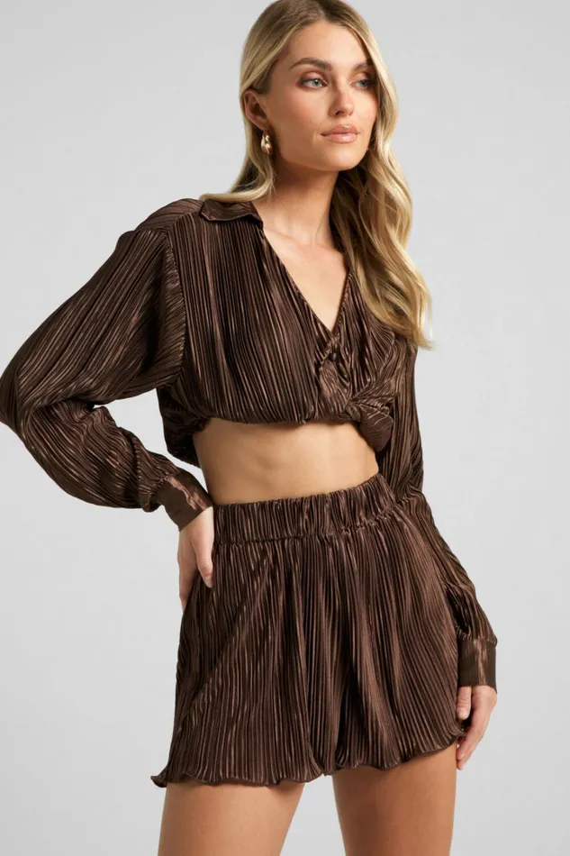 Archer Shorts 8211 High Waisted Plisse Shorts In Chocolate Women Showpo Loungewear