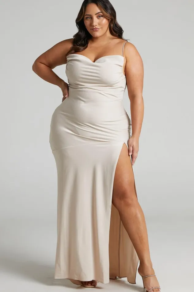 Ardent Maxi Dress 8211 Cowl Neck Tie Back Satin Dress In Champagne Women Showpo Curve Clothes