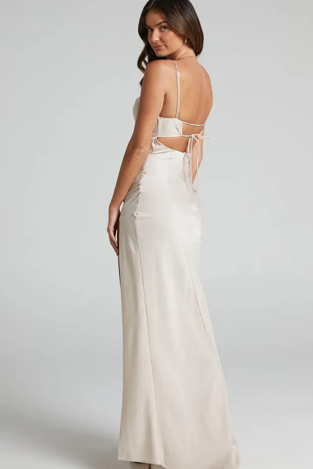 Ardent Maxi Dress 8211 Cowl Neck Tie Back Satin Dress In Champagne Women Showpo Curve Clothes