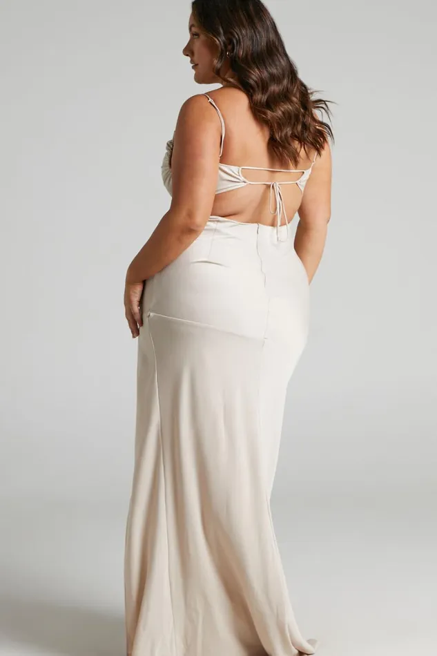 Ardent Maxi Dress 8211 Cowl Neck Tie Back Satin Dress In Champagne Women Showpo Curve Clothes