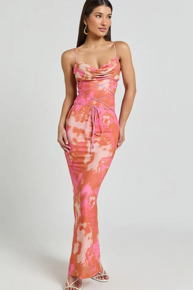 Ariel Midi Dress 8211 Mesh Bodycon Tie Detail Dress In Pink Blur Print Women Showpo Dresses