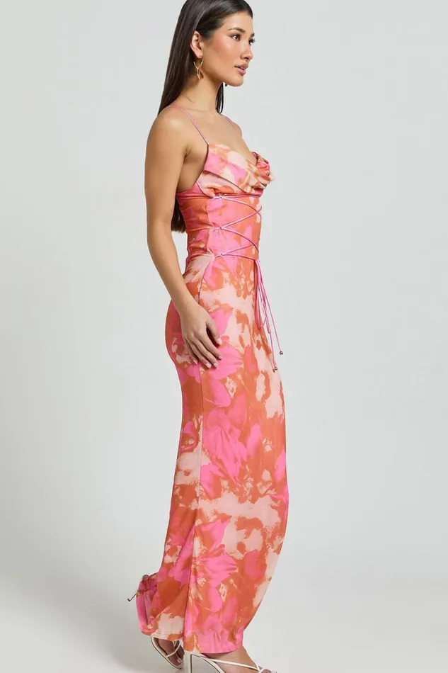 Ariel Midi Dress 8211 Mesh Bodycon Tie Detail Dress In Pink Blur Print Women Showpo Dresses