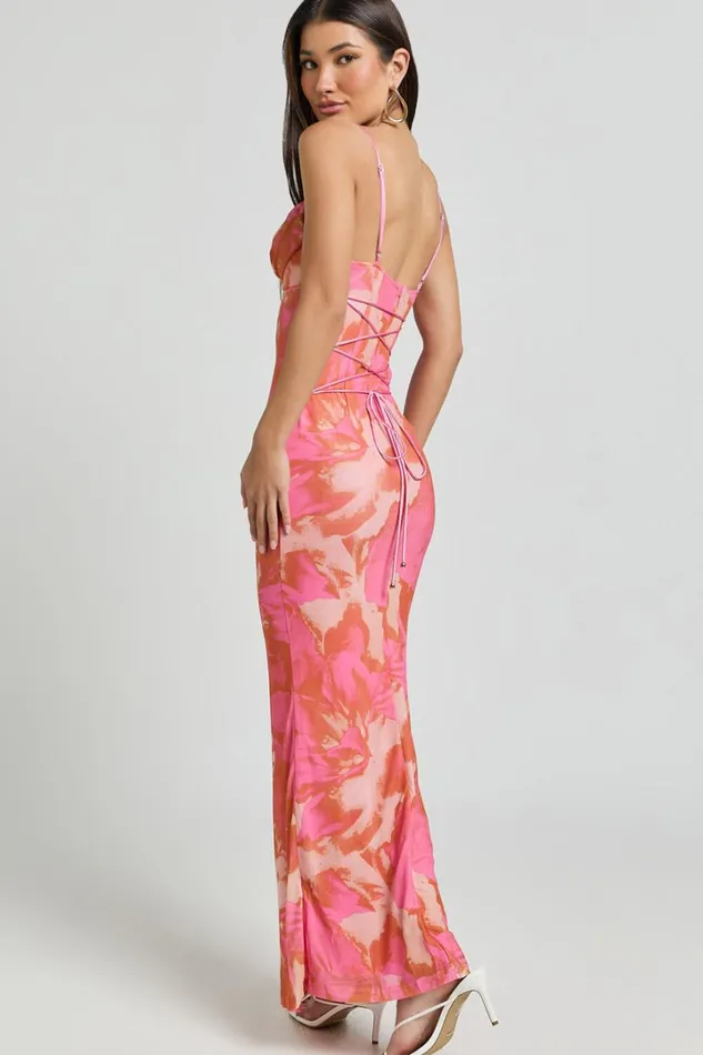 Ariel Midi Dress 8211 Mesh Bodycon Tie Detail Dress In Pink Blur Print Women Showpo Dresses