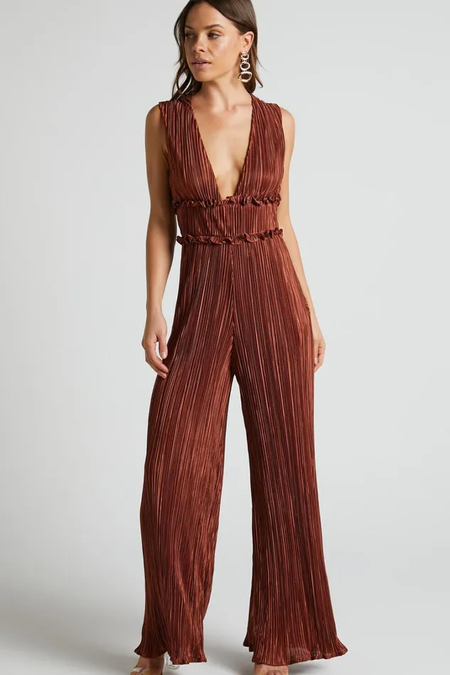 Armida Jumpsuit 8211 Plunge Neck Wide Leg Plisse Jumpsuit In Copper Women Showpo Jumpsuits Armida Jumpsuit 8211 Plunge Neck Wide Leg Plisse Jumpsuit In Copper Women Showpo Jumpsuits