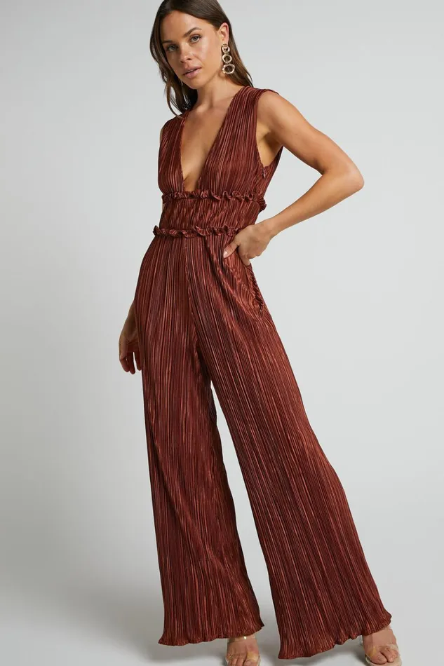 Armida Jumpsuit 8211 Plunge Neck Wide Leg Plisse Jumpsuit In Copper Women Showpo Jumpsuits