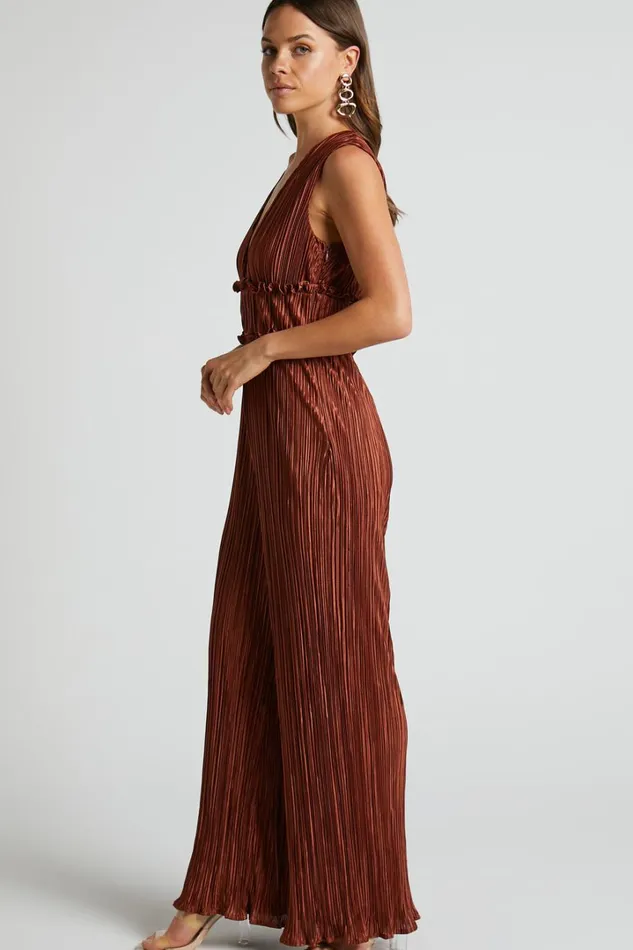 Armida Jumpsuit 8211 Plunge Neck Wide Leg Plisse Jumpsuit In Copper Women Showpo Jumpsuits
