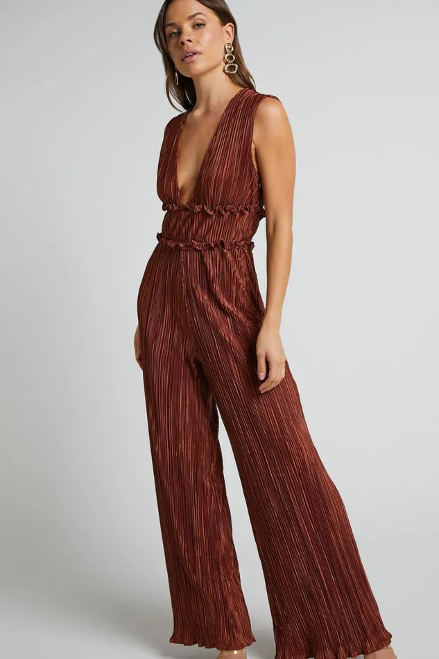 Armida Jumpsuit 8211 Plunge Neck Wide Leg Plisse Jumpsuit In Copper Women Showpo Jumpsuits