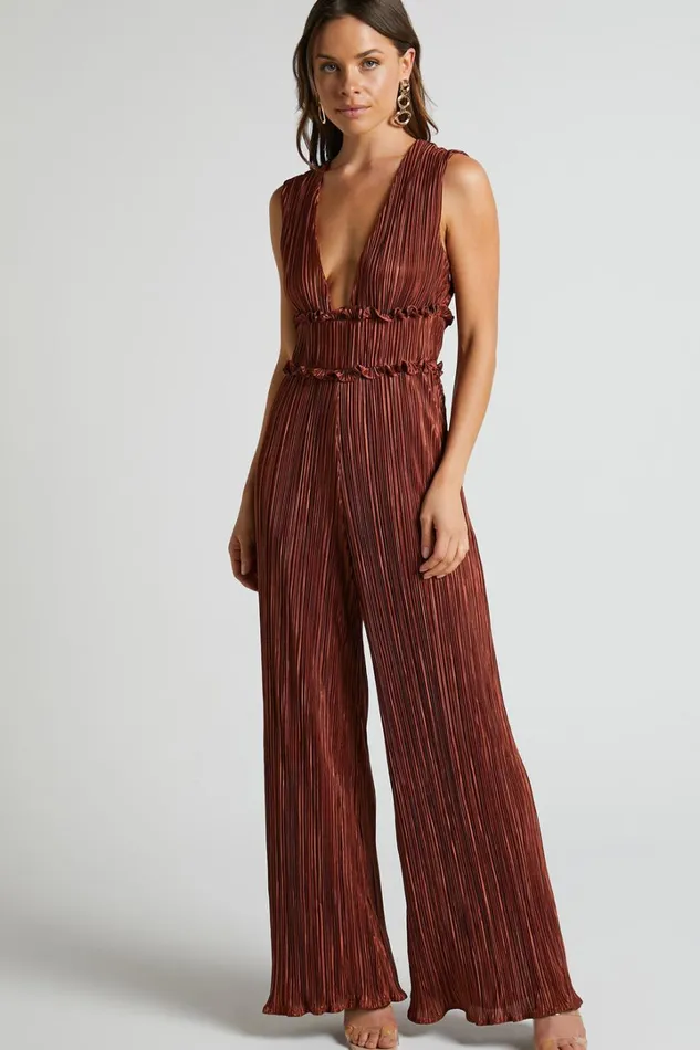 Armida Jumpsuit 8211 Plunge Neck Wide Leg Plisse Jumpsuit In Copper Women Showpo Jumpsuits