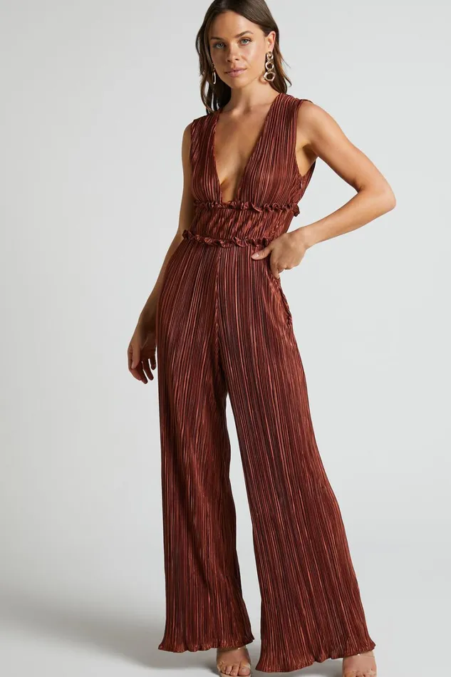 Armida Jumpsuit 8211 Plunge Neck Wide Leg Plisse Jumpsuit In Copper Women Showpo Jumpsuits