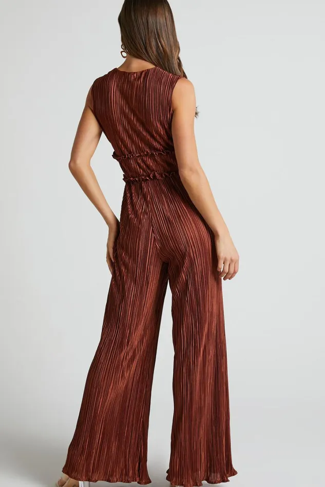 Armida Jumpsuit 8211 Plunge Neck Wide Leg Plisse Jumpsuit In Copper Women Showpo Jumpsuits
